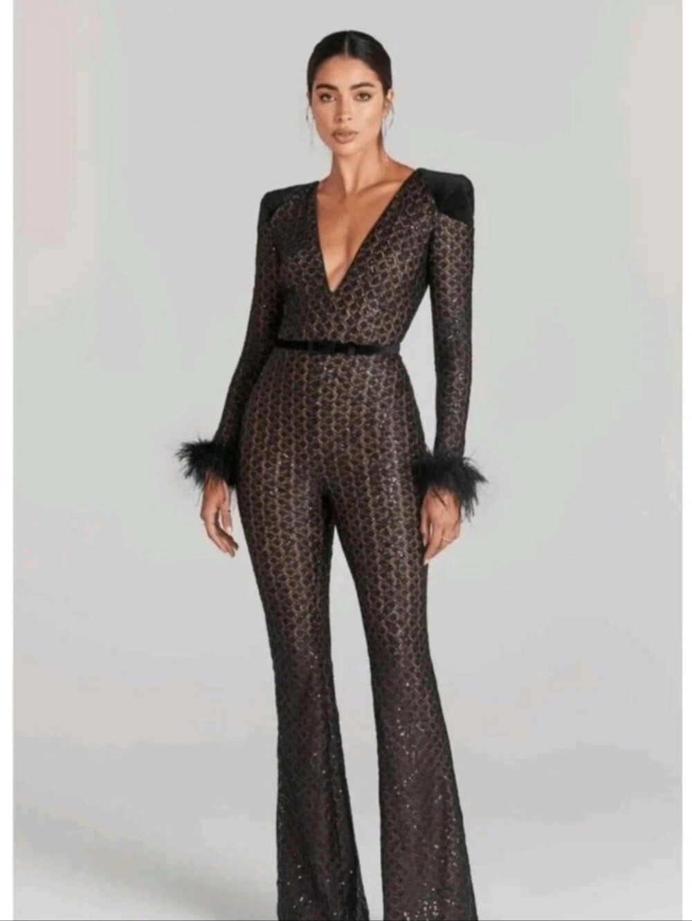 NADINE MERABI Rachel Sequin Feather Jumpsuit Black XS